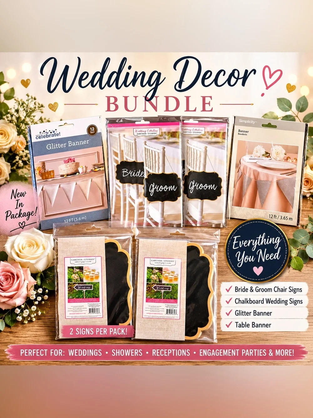 Wedding Decor Bundle-Bride & Groom Chair Signs, Banners & Chalkboard Signs- NIP